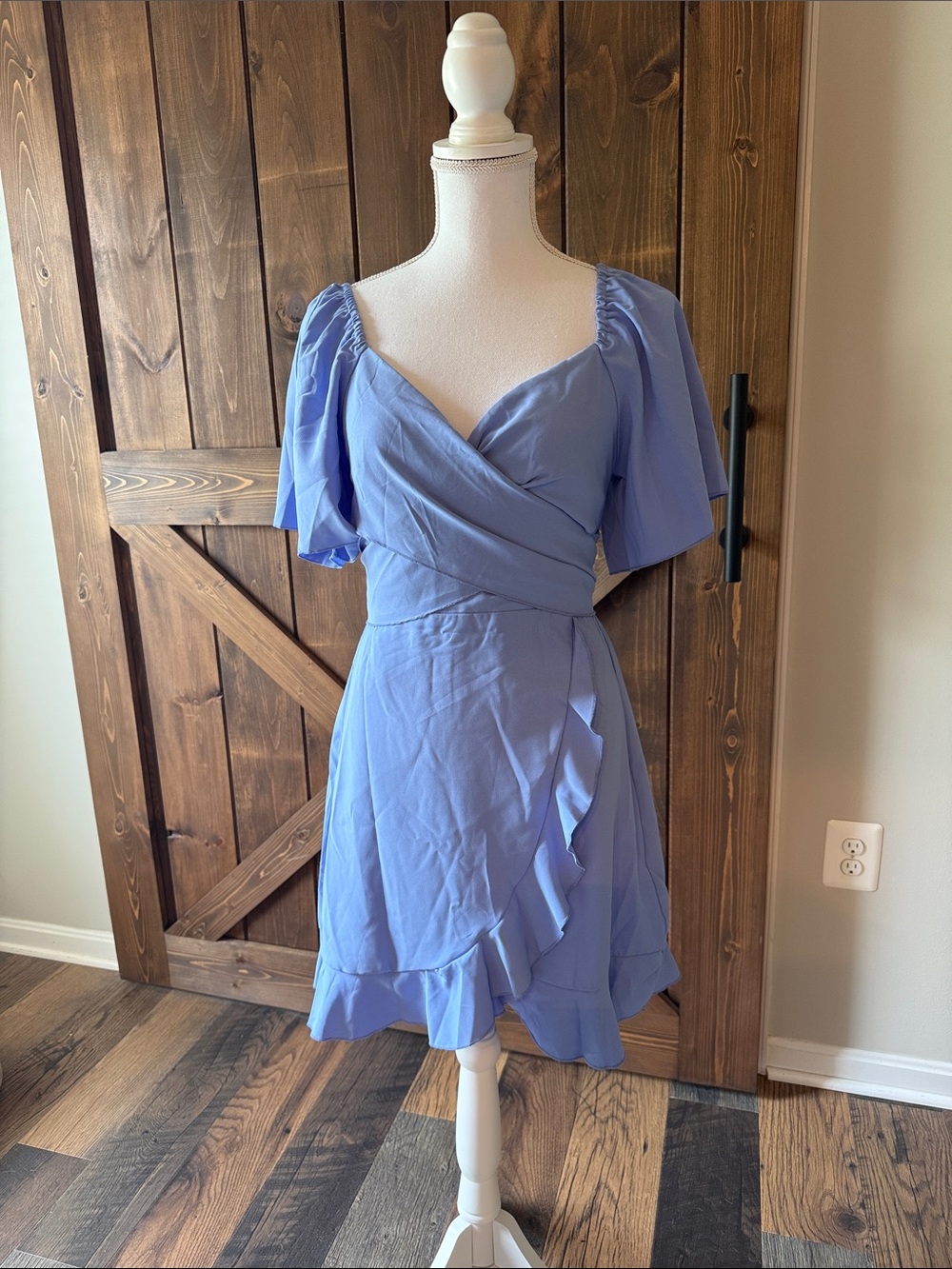 Sky Blue Wrap Mini Dress with Ruffle Hem